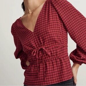 Madewell Red Black Gingham Peplum Tie Front Blouse Size Small Top Balloon Sleeve